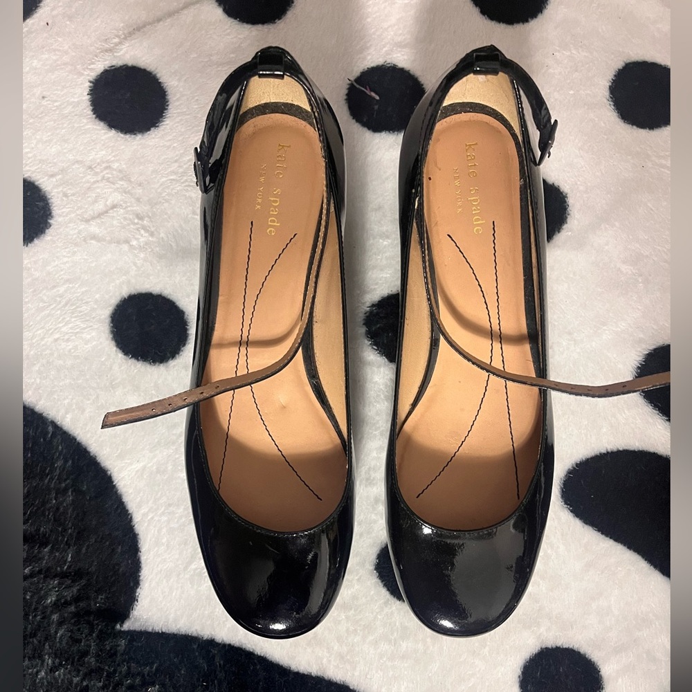 Kate Spade patent leather ankle strap wedges